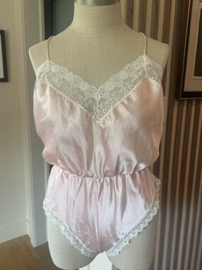 VTG Union Made Lace-Trim Satin Teddy - Pink Large | Intimates | Snap Crotch
